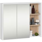 Dulap de baie suspendat cu oglinda, 2 usi si 3 rafturi interioare, PAL 16 mm, 90x15x75 cm, alb si stejar sonoma Household NewTrend