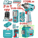 TOTAL - KIT COMBO 16V - MASINA DE INSURUBAT, TELEMETRU LASER, NIVELA LASER (NU INCLUDE ACUMULATOR) PowerTool TopQuality