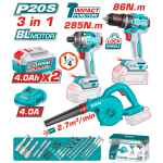 TOTAL - KIT COMBO 20V - MASINA DE GAURIT, MASINA DE INSURUBAT, SUFLANTA (INCLUDE 2 ACUMULATORI , 1 I PowerTool TopQuality