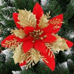 Set 10 ornamente pentru bradul de Craciun, stea Poinsettia, 14cm, rosu auriu Household NewTrend