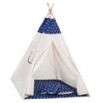 Cort copii Sersimo stil indian Teepee Tent cu fereastra, covoras gros si 2 perne, alb albastru inchis cu stelute Household NewTrend