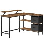 VASAGLE Birou in forma de L, suport monitor, 2 rafturi si 2 sertare, 105x135x76 cm, maro rustic Household NewTrend