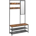 VASAGLE Cuier cu rafturi depozitare pantofi si ​​oglinda, industrial, 35x98x180 cm, maro rustic si negru Household NewTrend
