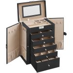 SONGMICS Cutie de bijuterii 6 nivele, 5 sertare, oglinda, suport ceasuri, incuietoare, 16x26x32cm, negru Household NewTrend