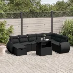 Set mobilier de grădină cu perne, 9 piese, negru, poliratan GartenMobel Dekor