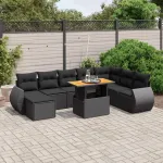 Set mobilier de grădină cu perne, 9 piese, negru, poliratan GartenMobel Dekor