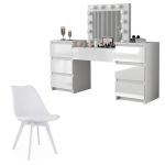 Set masa de toaleta/machiaj Antonia + scaun Mark, alb, sertare lucioase, cu oglinda si LED-uri, 155x42x135 cm GartenVIP DiyLine