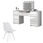 Set masa de toaleta/machiaj Antonia + scaun Mark, alb, sertare lucioase, cu oglinda si LED-uri, 155x42x135 cm GartenVIP DiyLine
