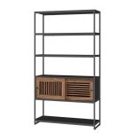 VASAGLE Biblioteca cu 5 rafturi si dulap, rama metalica si finisaj MDF nuc, 100x35x180 cm, negru Household NewTrend