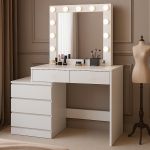 Masa de toaleta si machiaj Adele cu 5 sertare si oglinda 12 LED, 113x47x142 cm, alb Household NewTrend