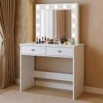 Masa de toaleta si machiaj Mega 12 LED, 100x50x144 cm, cu oglinda iluminata si 2 sertare, alb Household NewTrend