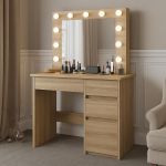 Masa de toaleta si machiaj Hollywood cu oglinda LED si 4 sertare, 94x43x140 cm, stejar Household NewTrend