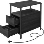 VASAGLE Noptiera 60x35x61 cm, cu 2 sertare, rafturi si priza incorporata, PAL si otel, gri antracit si negru Household NewTrend