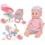 Papusa interactiva 35 cm, bea apa, face pipi, 12 sunete, 14 accesorii, leagan, scaun de masa, cadita baie MultiMark GlobalProd