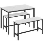 VASAGLE Masa de bar cu 2 banci, design industrial, 110x70x75 cm, alb marmura Household NewTrend