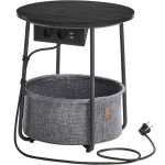 VASAGLE Masuta de cafea rotunda cu cos de stofa, statie de incarcare 2 prize si 2 USB, 45x50cm, negru Household NewTrend