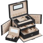 SONGMICS Cutie de bijuterii pe 3 nivele, cu 2 sertare, oglinda, maner, inchidere cu cheie, 18x26x17cm, negru Household NewTrend