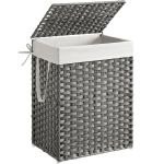 SONGMICS Cos rufe cu capac, ratan sintetic si sac detasabil, 90 L, 46x33x60 cm, gri Household NewTrend