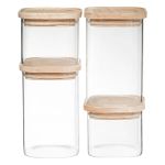 Set 4 borcane depozitare ermetice 5Five, sticla borosilicata si capac lemn, transparent Household NewTrend