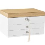 SONGMICS Cutie de bijuterii cu 3 nivele, 2 sertare, capac cu oglinda, 17x25x15cm, alb si maro Household NewTrend