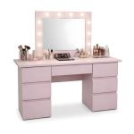 Masa de toaleta/machiaj, Vanessa, roz, cu oglinda si LED-uri, 130x43x143 cm GartenVIP DiyLine