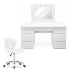Masa de toaleta/machiaj, Vanessa + scaun Avola, alb, cu oglinda si LED-uri, 130x43x143 cm GartenVIP DiyLine