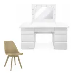 Masa de toaleta/machiaj, Vanessa, alba + scaun Mark, bej, cu oglinda si LED-uri, 130x43x143 cm GartenVIP DiyLine