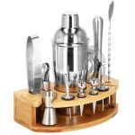 Set Cocktail Shaker Kit pentru barmani 750ml, KI12, suport bambus, 12 piese Household NewTrend