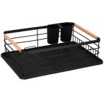 Uscator de vase cu suport tacamuri, din otel, cu tava de scurgere, manere lemn, 42x32x15cm, negru Household NewTrend