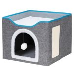 Casuta pentru pisici cu platforma si jucarie suspendata, structura din lemn si husa textila, 42x41x34 cm, gri Household NewTrend