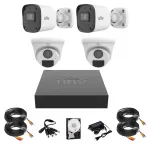 Sistem supraveghere complet Uniview, 2 camere de exterior, 2 camere de interior, 2MP, IR 20m, microfon, DVR, Accesorii montaj SafetyGuard Surveillance