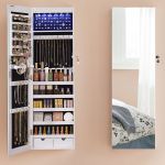 SONGMICS Dulap de bijuterii cu oglinda, montare pe perete, lumini LED, 37x10x120cm, alb Household NewTrend