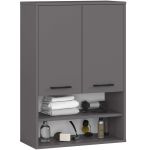 Dulap baie suspendat, cu 2 usi si 2 rafturi deschise, PAL 16 mm, 64x30x94 cm, gri Household NewTrend