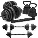 Set gantere, bara si kettlebell ajustabil 30 kg, 16 discuri, conector si suport dedicat, negru Household NewTrend