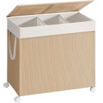 SONGMICS Cos rufe din tesatura tip ratan, 140L cu 3 compartimente si roti, 66x38x65 cm, bej natur Household NewTrend