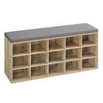 VASAGLE Banca pantofi cu sezut si perna, 15 compartimente deschise, PAL, 105x30x48 cm, gri stejar Household NewTrend