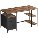 VASAGLE Birou calculator cu 3 rafturi si 2 sertare, cadru metalic, stil industrial, 140x60x76 cm, maro rustic Household NewTrend