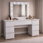 Masa de toaleta/machiaj, Antonia, gri deschis, cu oglinda si LED-uri, 155x42x135 cm GartenVIP DiyLine