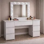 Masa de toaleta/machiaj, Antonia, gri deschis, cu oglinda si LED-uri, 155x42x135 cm GartenVIP DiyLine