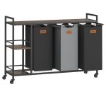 VASAGLE Cos de rufe cu rafturi si roti, 3 compartimente cu saci de rufe detasabili, 3x50 litri, 117x33x81 cm, maro si negru Household NewTrend