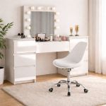 Masa de toaleta/machiaj, Antonia, sertare lucioase + scaun Alba, alb, cu oglinda si LED-uri, 155x42x135 cm GartenVIP DiyLine