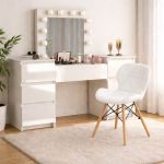 Masa de toaleta/machiaj, Antonia, sertare lucioase + scaun Lago, alb, cu oglinda si LED-uri, 155x42x135 cm GartenVIP DiyLine