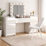 Masa de toaleta/machiaj, Antonia, sertare lucioase + scaun Mark, alb, cu oglinda si LED-uri, 155x42x135 cm GartenVIP DiyLine