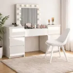 Masa de toaleta/machiaj, Antonia, sertare lucioase + scaun Mark, alb, cu oglinda si LED-uri, 155x42x135 cm GartenVIP DiyLine