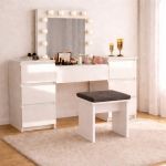 Masa de toaleta/machiaj, Antonia, sertare lucioase + taburet, alb, cu oglinda si LED-uri, 155x42x135 cm GartenVIP DiyLine