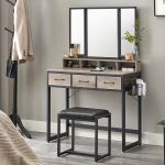 VASAGLE Masuta toaleta 90x40x141 cm, cu 3 sertare, oglinda tripla si taburet, lemn si otel, gri si negru Household NewTrend