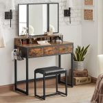 VASAGLE Masuta toaleta 90x40x141 cm, cu 3 sertare, oglinda tripla si taburet, lemn si otel, maro rustic si negru Household NewTrend