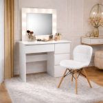 Masa de toaleta/machiaj, Irina + scaun Lago, alb, cu oglinda si LED-uri, 94x43x141 cm GartenVIP DiyLine