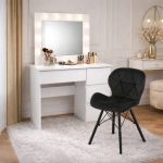 Masa de toaleta/machiaj, Irina, alba + scaun Lago, negru, cu oglinda si LED-uri, 94x43x141 cm GartenVIP DiyLine