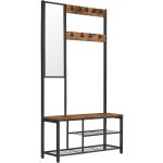 VASAGLE Cuier pentru hol cu oglinda si 9 carlige detasabile, structura metalica, stil industrial, 98x36x185 cm, maro rustic Household NewTrend